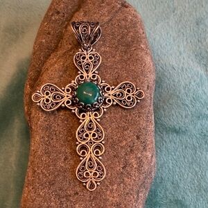 Turkish Sterling Silver Filigree Cross Pendant with Chalcedony stone.